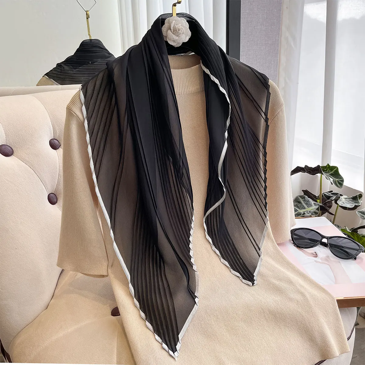 Women Pleated Satin Solid Scarf Headscarf Neckerchief Square Shawl Hair Tie Band HandKerchief Satin Foulard Scarves Decorative