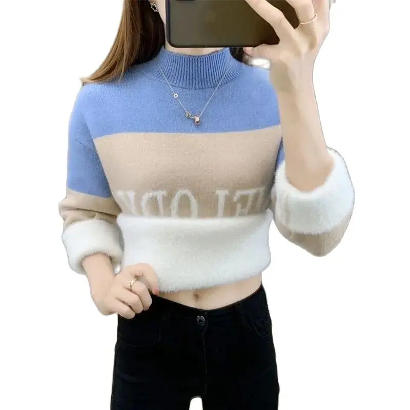 

Autumn Winter Pullover Tops Women's All-match Half Turtleneck Knitted Sweater Letter Stripe Fleece Thick Casual Bottoming Shirt