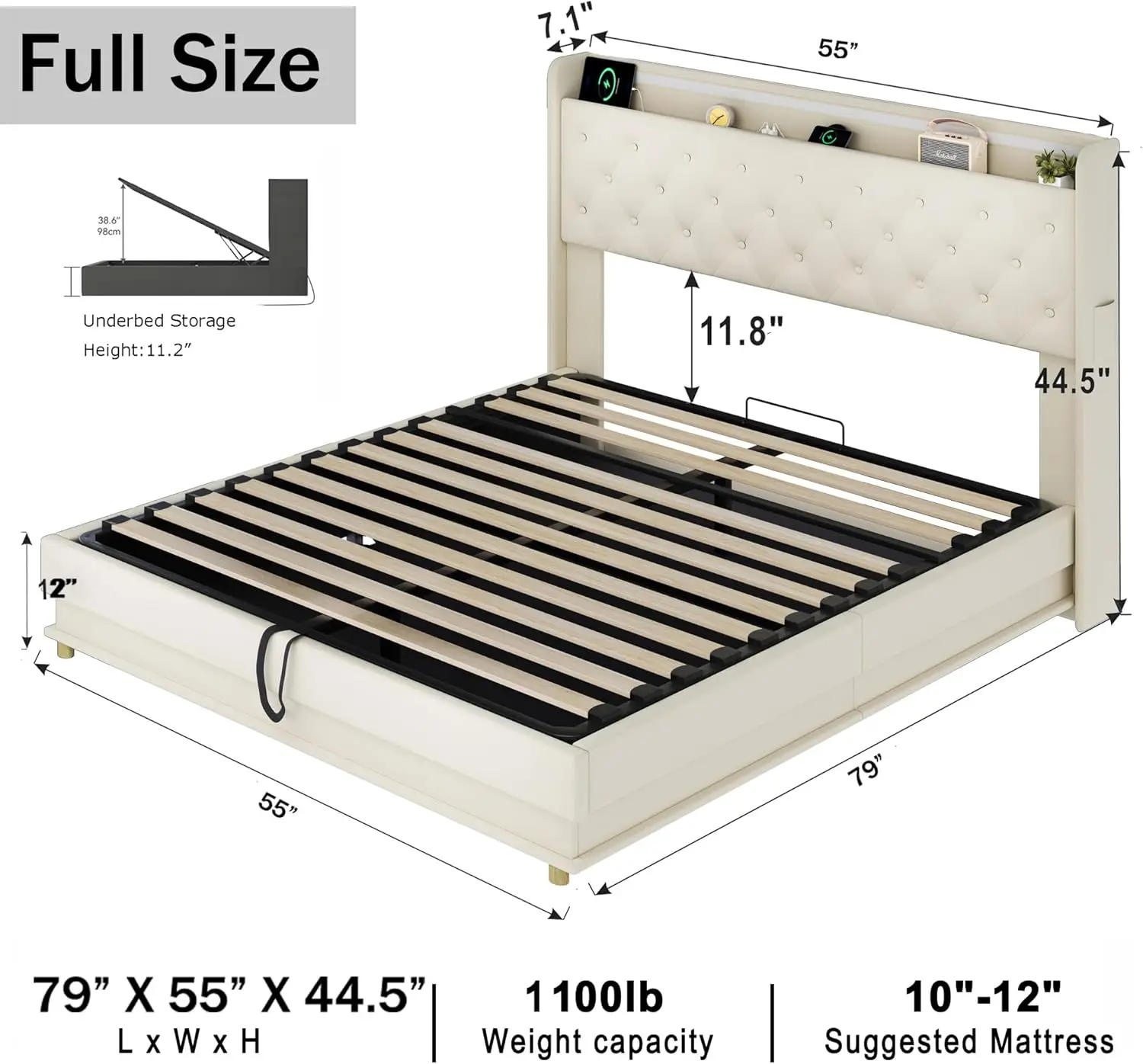 NEW Full Size Lift Up Storage Bed Frame with Charging Station & Led Lights, Upholstered Platform Bed with Button Tufted Wingback 3