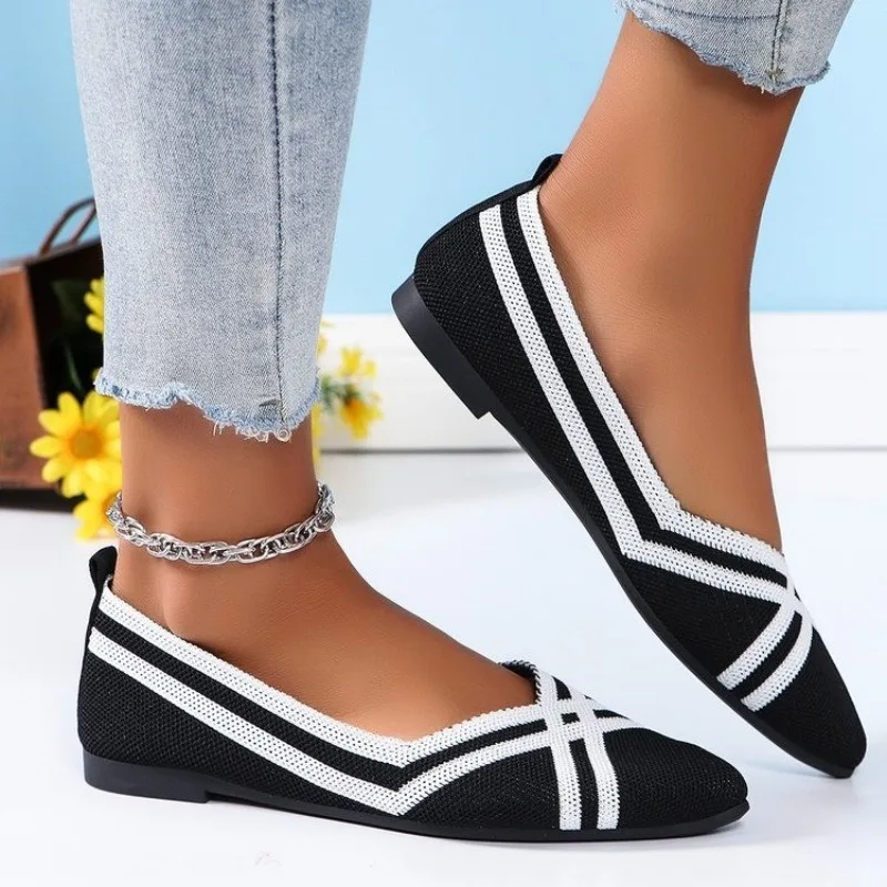 Autumn Women Casual Shoes for Woman Slip-on Pump Knit Single Flat Shoes Breathable Pointed Head Ladies Cloth Loafers Size 43 2