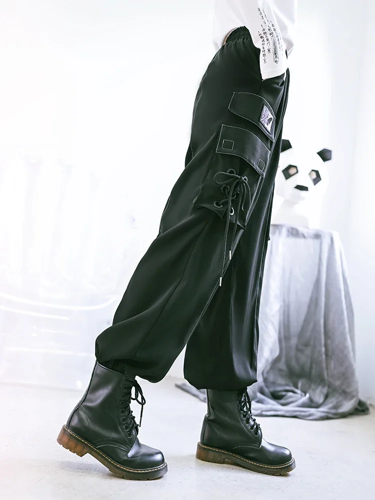 Retro Women's Fashion Overalls 2023 Autumn Winter Black Street Style High Waist Pocket Asymmetric Casual Sports Long Pants