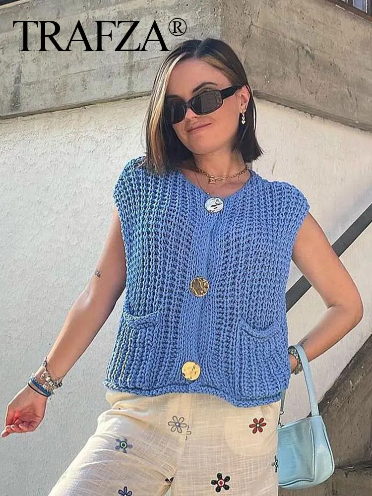 HH Women's Fashion Red Cropped Knitted Vest Elegant Gold Buttons O Neck Sweater Cardigan Spring Y2k Female Streetwear