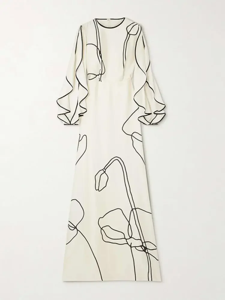 UOOZEE Elegant Party Evening Dresses 2025 Women Summer Fashion Flower Printed Ruffled Sleeves Falbala Wedding Banquet Dress - 3