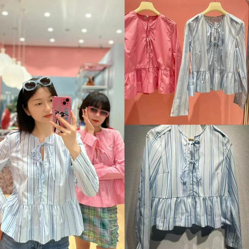 

2023 Autumn and Winter New Sweet Tie Round Neck Ruffled Hem Long-sleeved Cotton Shirt Women
