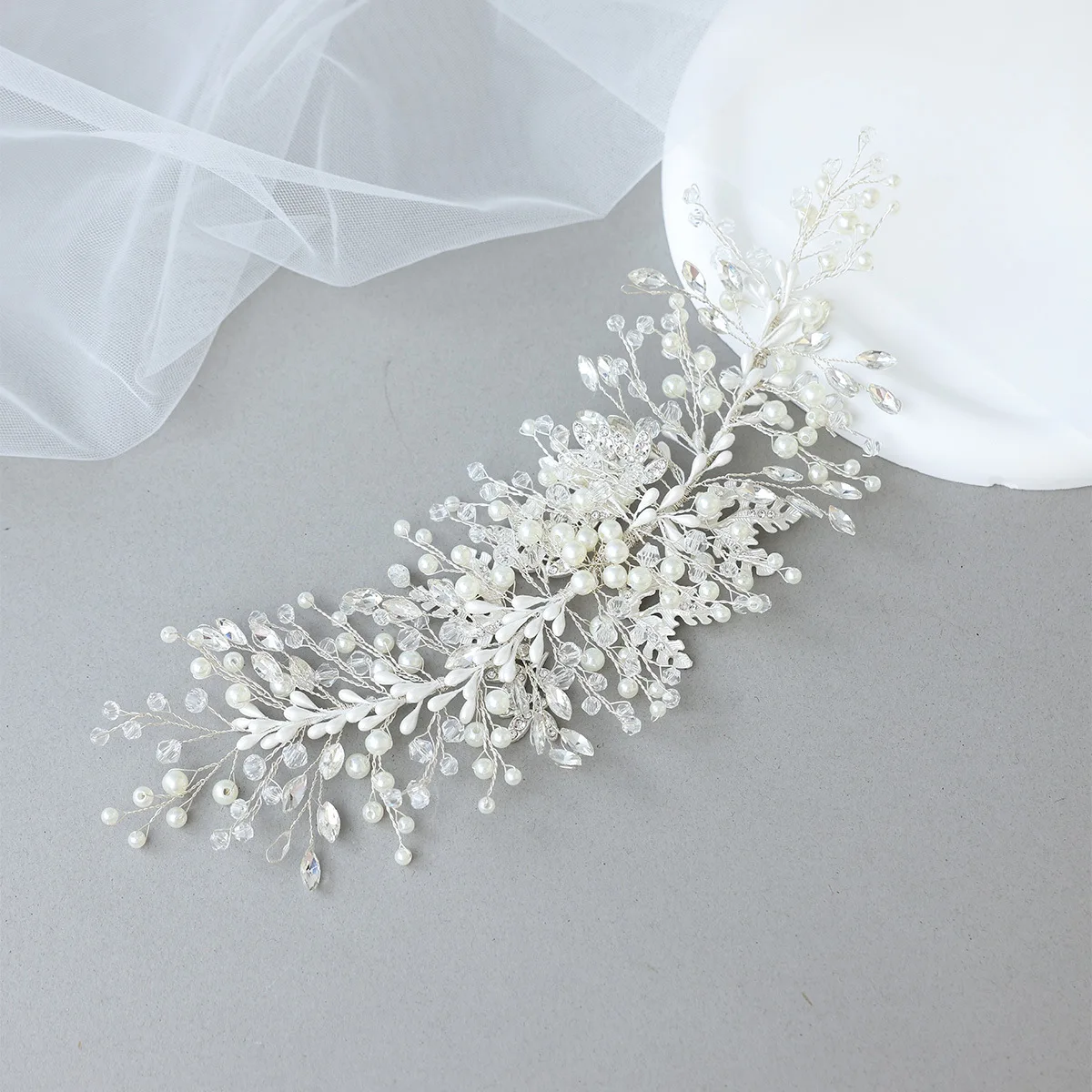 SLBRIDAL 핸드메이드 트렌디 크리스탈 라인스톤 진주 브라이덜 헤어밴드 웨딩 헤어 악세사리 여성 들러리 헤어밴드 쥬얼리