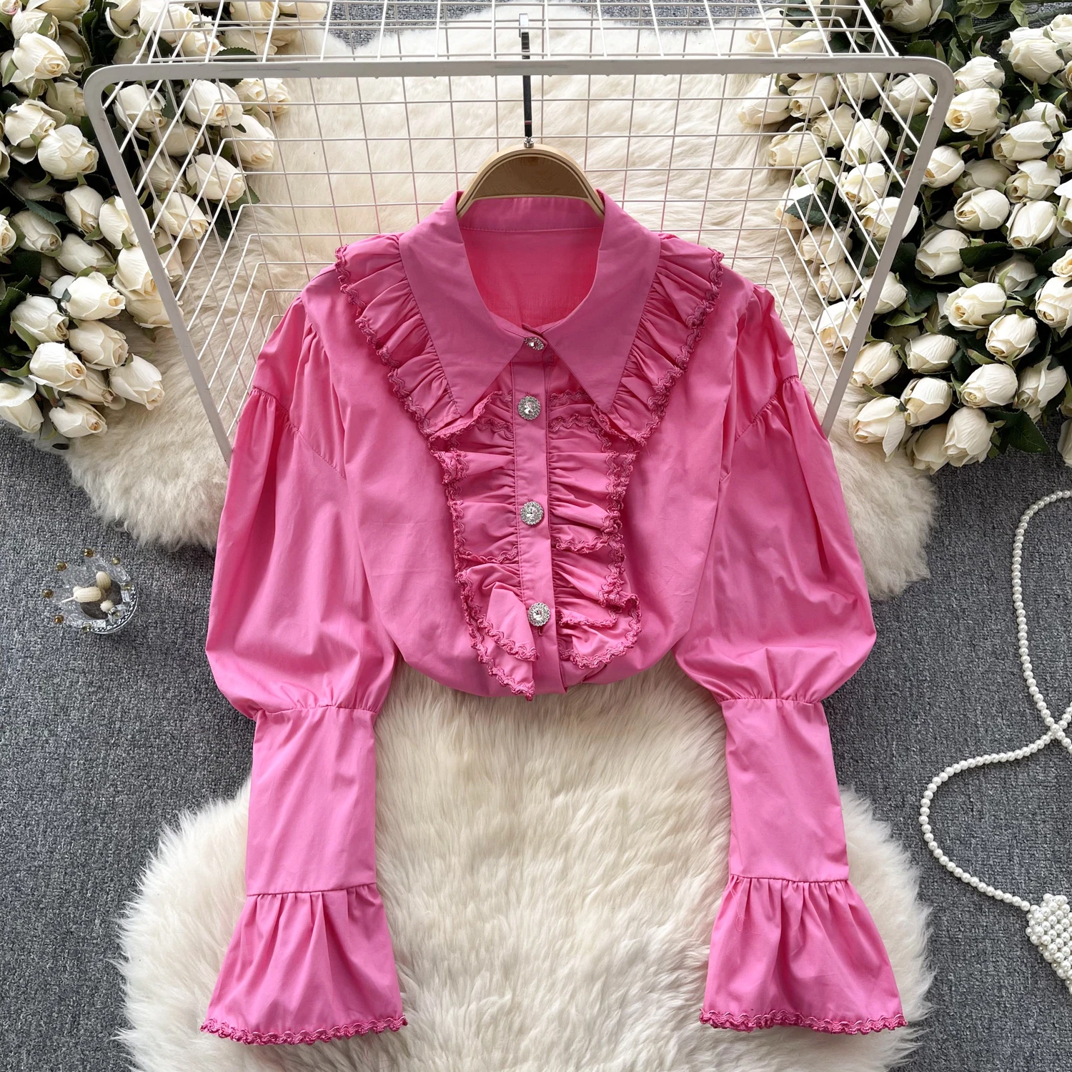 

Clothland Women Sweet Ruffled Blouse Flare Sleeve Single Breasted Shirt Cute Female Fashion Chic Tops Blusa Mujer LB069