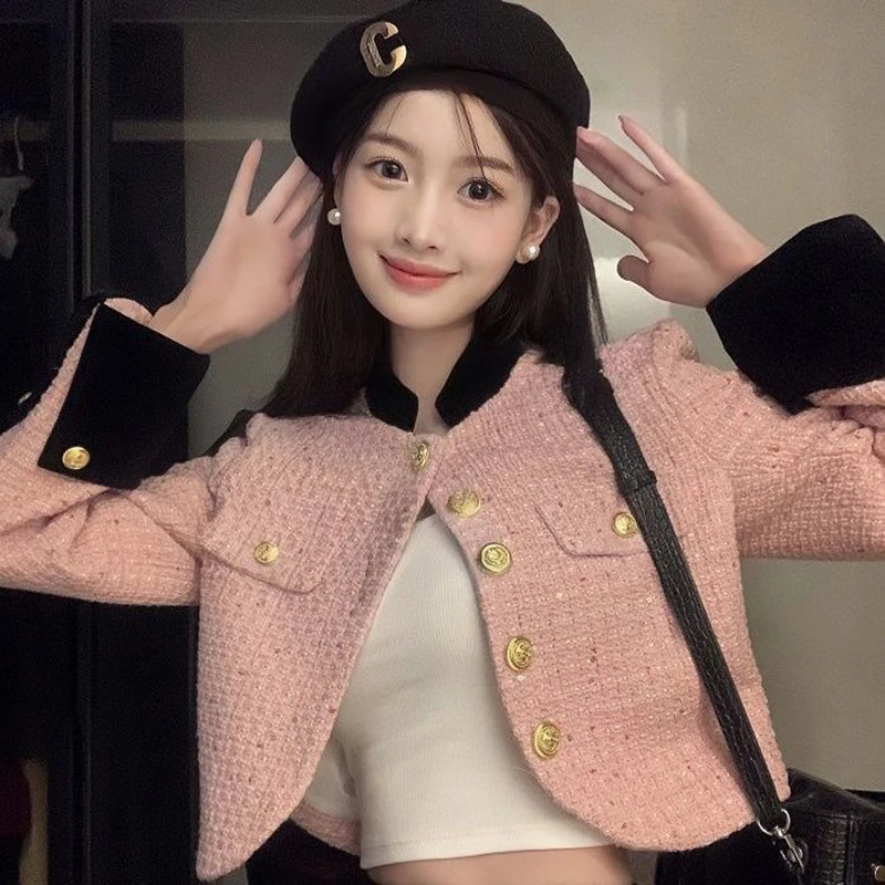 Elegant Women Tweed Cropped Jacket 2023 Korean Fashion Long Sleeve Vintage Coat All-Match Button Patchwork Casual Outwear Top