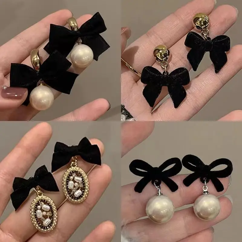 

Princess Earrings Black Hepburn Style Bow Earrings Popular 2023 Earrings Elegant And Socialite Pearl Earrings