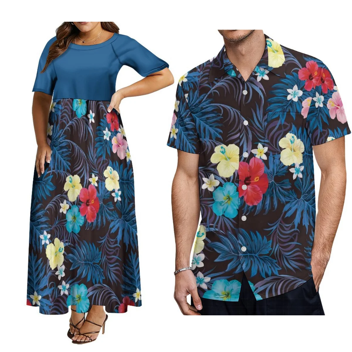 

2024 New Pacific Island Design Fashion Couple Set Women'S Short Sleeve Crew Neck Dress Banquet Skirt With Men'S Shirt