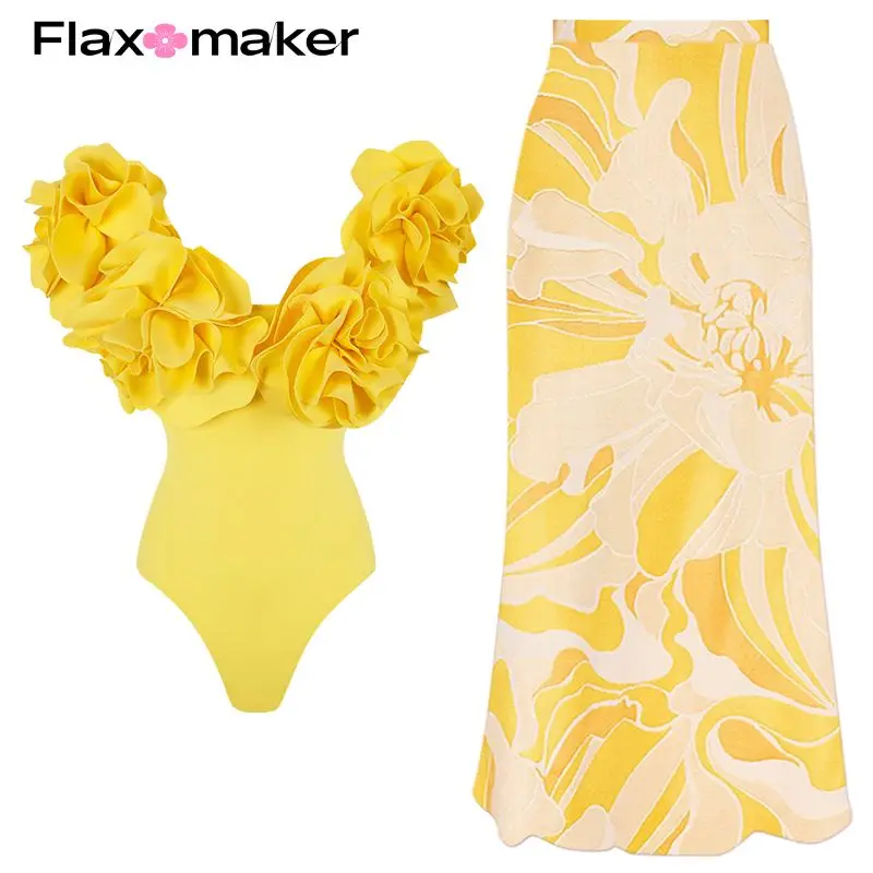 Flaxmaker 2024 3D Flower Ruffle One Piece Swimsuit and Skirt Summer Swimwear Women Beachwear Bathing Suit