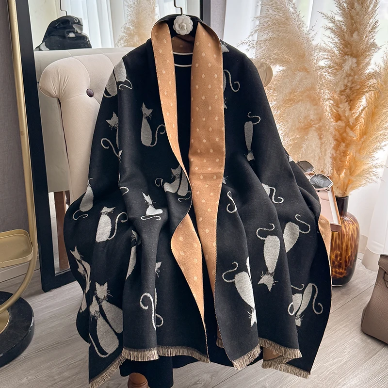 Women's Autumn Winter Warm Cat Pattern Faux Cashmere Scarf Jacquard Shawl Wrap Cozy Blanket Neck Protection
