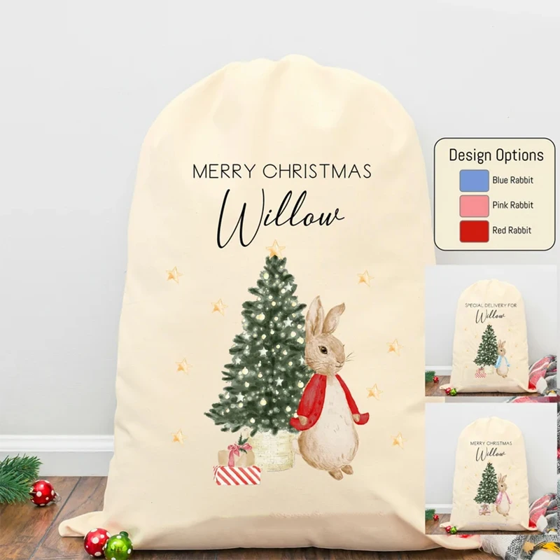 Personalisierter Hasen-Weihnachtsmann-Sack Weihnachtsstrumpf Frohe Weihnachten Baumdekoration Geschenk für Kinder Mädchen Jungen Spielzeugtasche