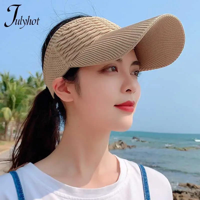 

Large Brim Outdoor Sunscreen Hat Fashion Folds Design Empty Top Hat Elastic Fabric Sports Summer Sun Cap For Women