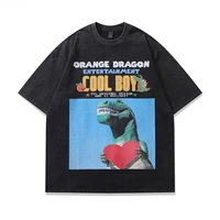 Men's Pure Cotton Washed Retro Printed Short-sleeved T-shirt Casual Loose Animation Printed Men's and Women's Trend Tops 2