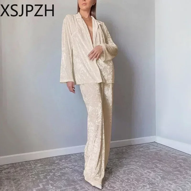

WPTCXH Women's Pajamas Velvet Sleepwear Long Sleeve Women Sets Lapel Nightwear Knitting Trouser Suits Single Breasted Home Suit
