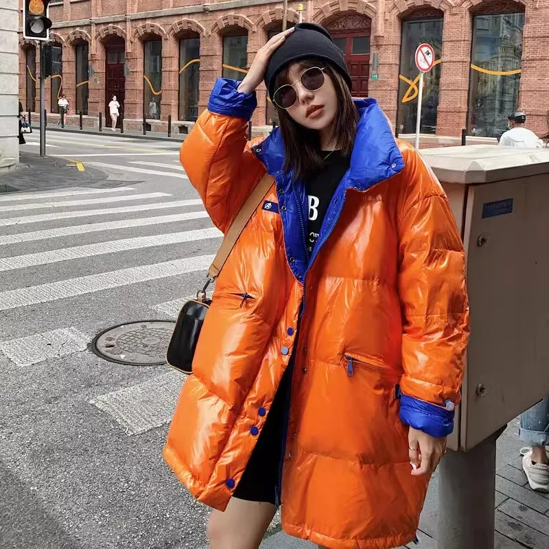 

2024 Winter New Contrast Down Jacket Women's Korean Loose Glossy 90%White duck down Stand neck Thicken Coat Female Warm Parkas