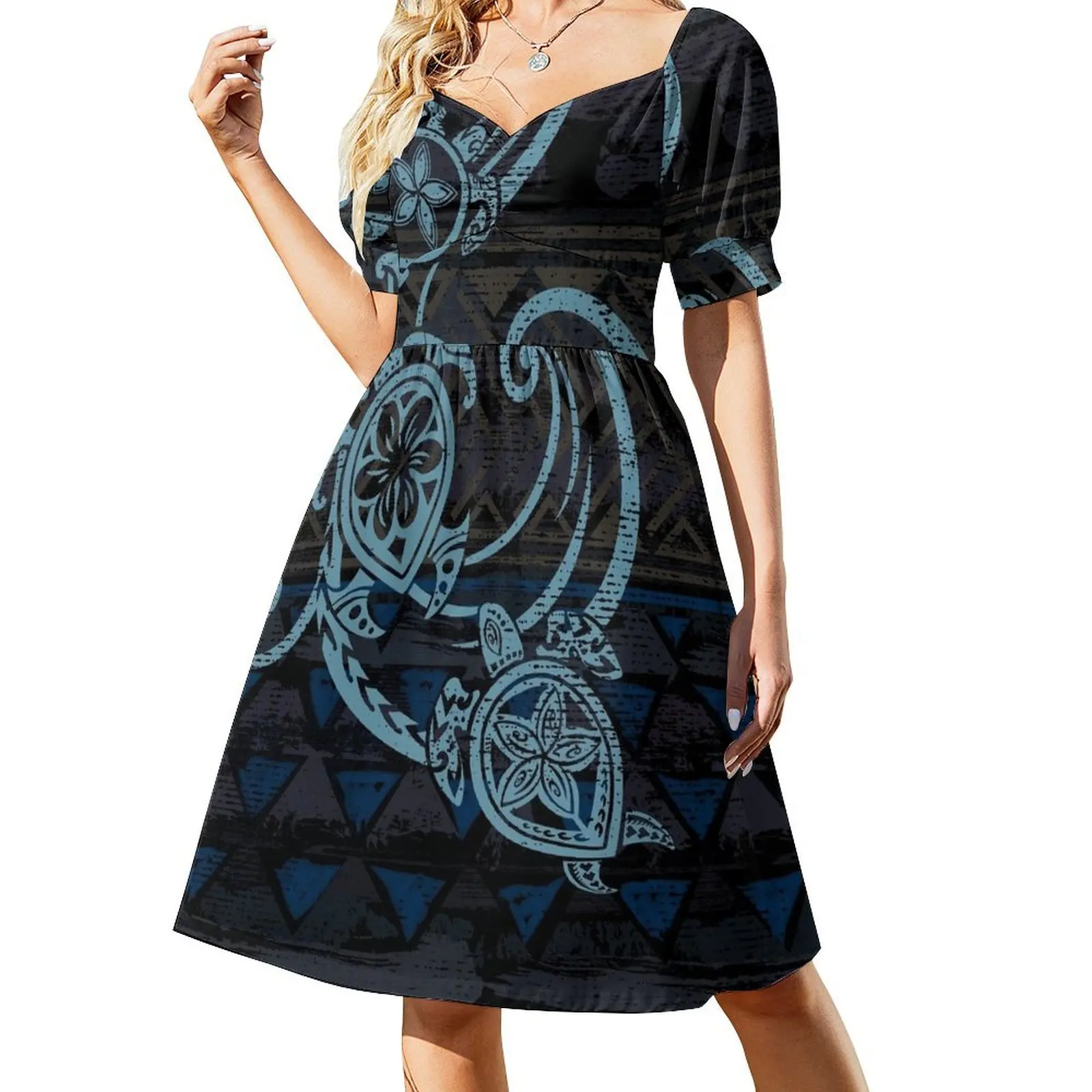 Vestido hawaiano de manga corta con estampado tribal de tortugas en verde azulado. Vestidos de verano para mujer.