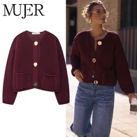MUJER 2025 Knitted Cropped Cardigans Women Autumn Knitwears Short Sweaters for Women Button Women's Sweater Long Sleeve Cardigan