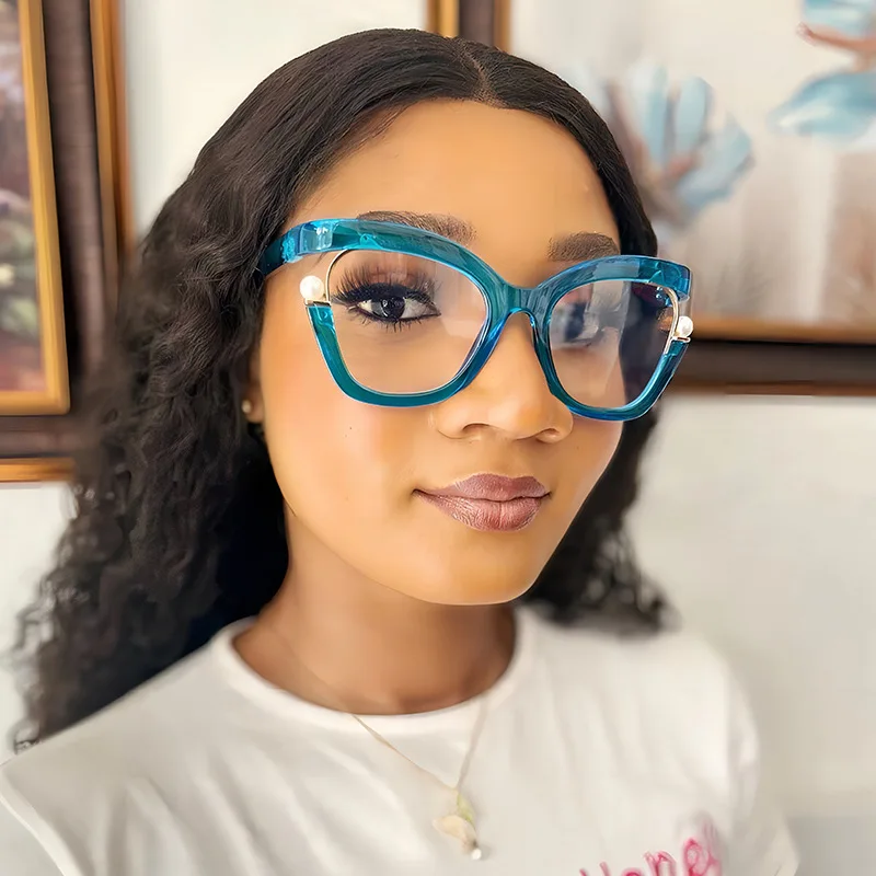 

New Blue Light Blocking Glasses Stylish Oversize Cat Eye Design Frame With Pearls Fashion Candy Color Computer Eyeglasses For Wo