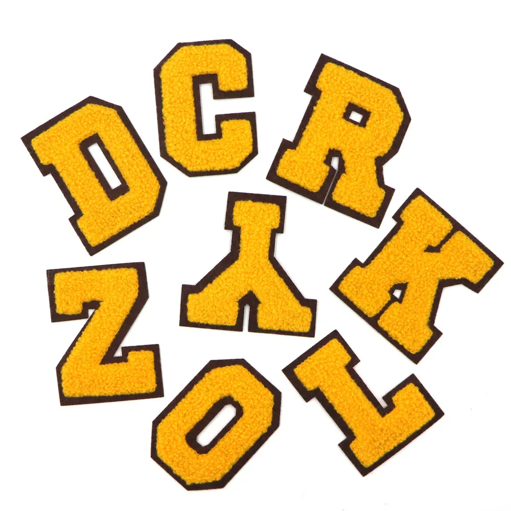 1PC A-Z Yellow Chenille Embroidery Letter Alphabet Iron on Patches For Clothing Applique Diy Name Badge Decor Stickers