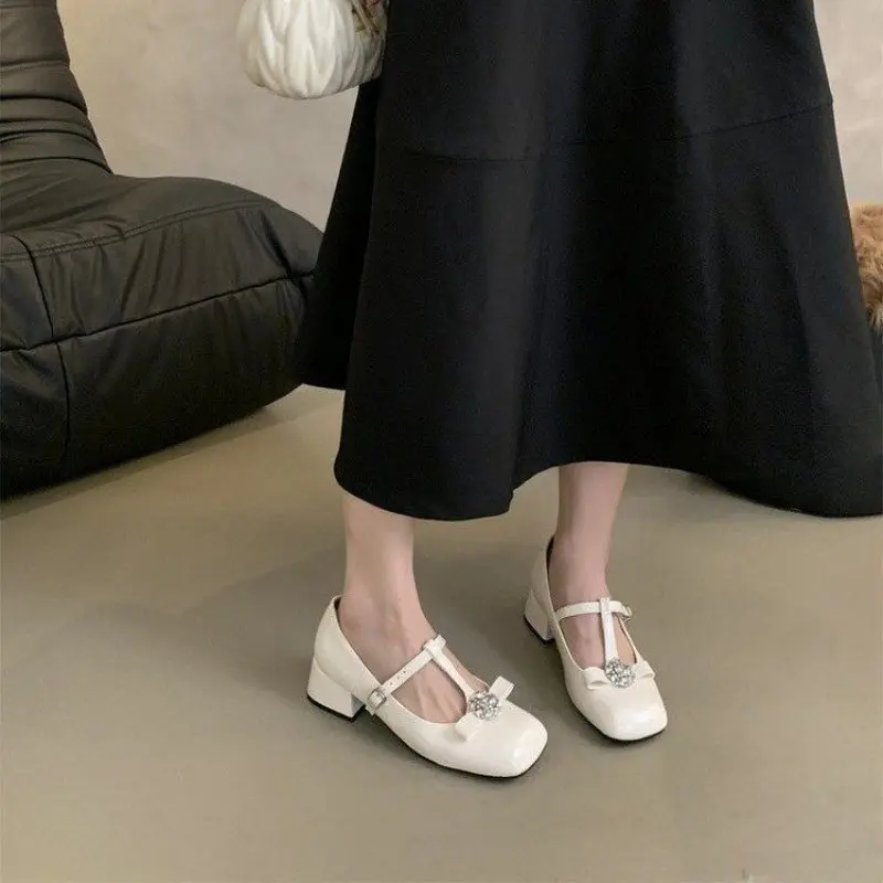 Round Toe Women Pumps Patent Leather Flat Low Heels Black silver White New Arrivals Belt Buckle Rhinestone Bow Design Plus Size