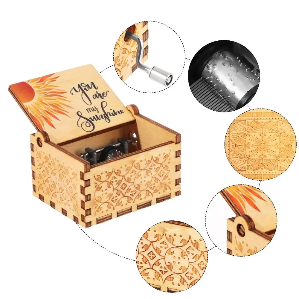 You are My Sunshine Engraved Hand-Cranked Wooden Musical Box Suitable Gifts for Birthday Christmas Valentine's Day Thanksgiving 4