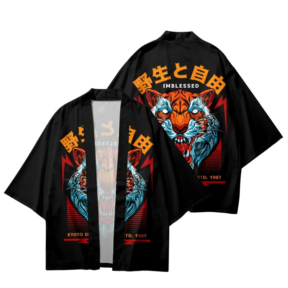 

Tiger Printed Black Couple Women Men Japanese Kimono Cardigan Beach Shorts Cosplay Yukata Casual Asian Clothes Harajuku