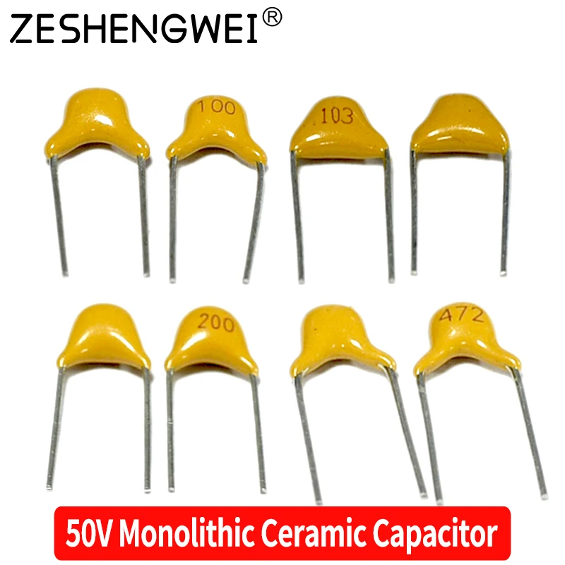 100pcs Multilayer ceramic capacitor 50V (100~106) 10pF~10uF 102 103 104 105 39 820pF 1 22 33 47 56 68 100 nF 0.01 0.1 uF P5.08mm