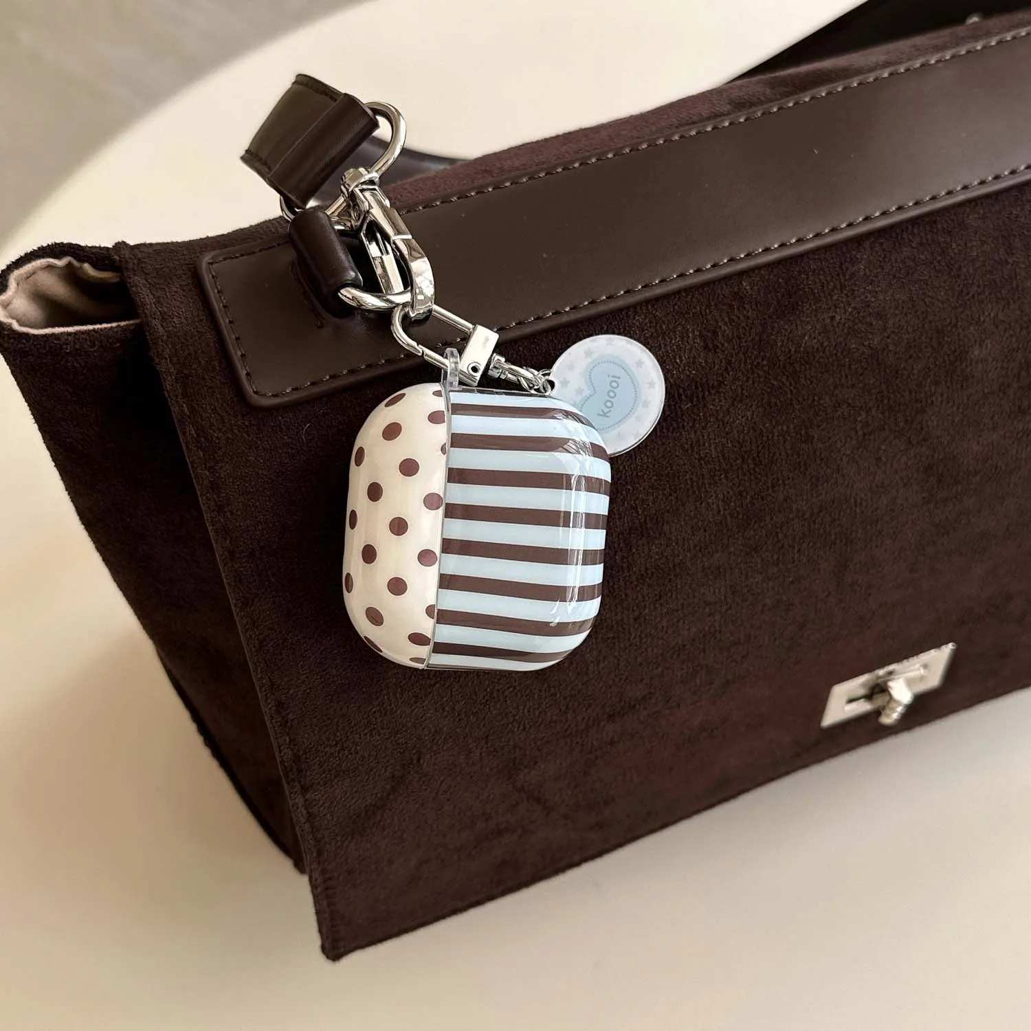 Stripe Design Earphone Case with Cartoon Pendant and Flower Accent for Wireless Bluetooth Charging