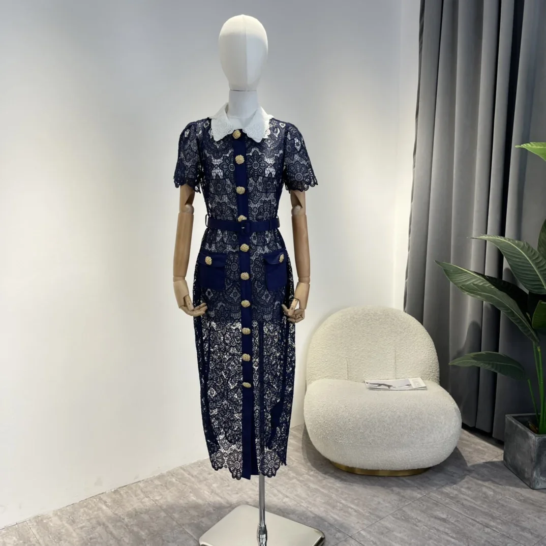 

Navy Blue Hook Flower Hollow Midi Dress Elegant New Autumn Top Quality 2022 Golden Button Women Clothes
