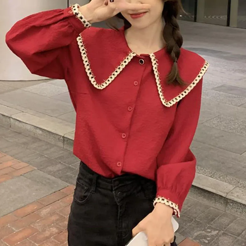 2023 New Spring and Autumn Fashion Simple Retro Doll Collar Lace Shirt Long Sleeve Temperament Commuter Women's Unique Loose Top
