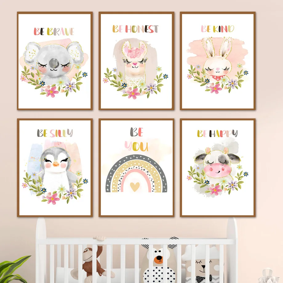 Acquerello Alpaca Coniglio Pinguino Koala Nursery Poster E Stampe Affermazione Wall Art Canvas Painting Baby Girl Kids Room Decor