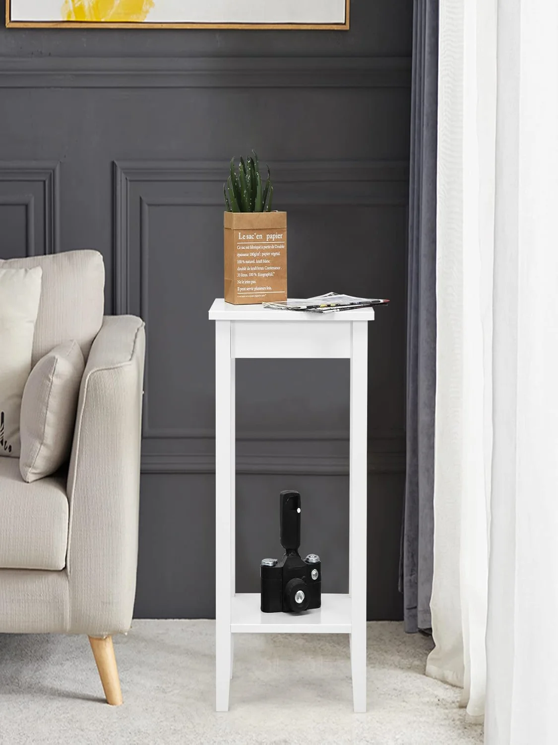 Set mit 2 Beistell tischen mit Regal, 2-stufigem Hochs ofa tisch mit 4 Massivholz beinen, rechteckigem Aufbewahrung tisch, Flur tisch (weiß) – Detail 1