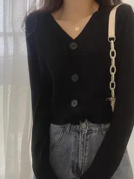 بلوفر نسائي بأزرار وأكمام طويلة ورقبة V ، كارديجان محبوك ، بلوزة قصيرة ، ملابس نسائية ، ملابس الشارع النحيف ، أحادي اللون ، الخريف ، الشتاء 4