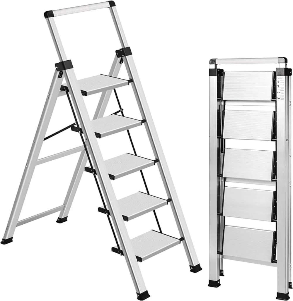 

XinSunho 5 Step Ladder, Retractable Handgrip Folding Step Stool with Anti-Slip Wide Pedal, Aluminum Stool Ladders 5 Steps,330lbs