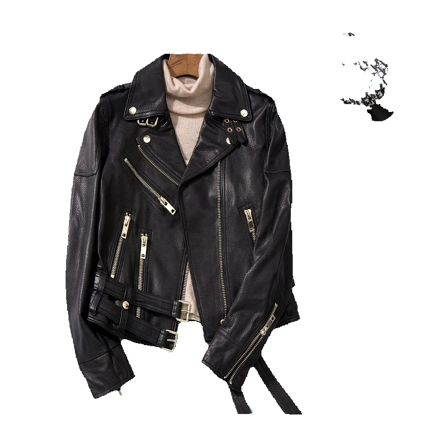 

Handsome Slim Fit Short Leather Jacket For Women's Motorcycles, Genuine Leather Sheepskin Jacket, New Season