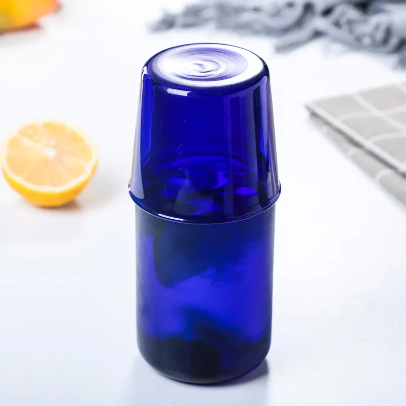 1 Set 450ml 15oz Bedside Water Carafe and Glass Cup Set Heat Resistant Healthy Blue Amber Green Color Glass Pitcher Tumbler Cup