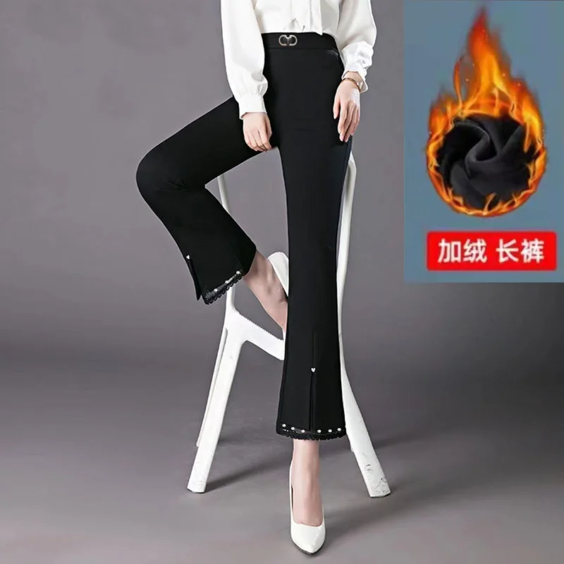 Womens Autumn and Winter Fashion High Waist Fleece Elastic Solid Lace Pockets Splicing Cultivation Versatile Micro-flared Pants