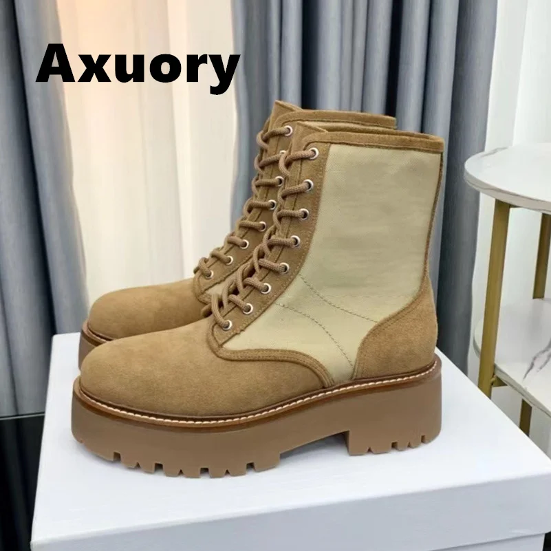 2024 New Women's Ankle Boot Nylon Fabric Genuine leather sole Thick bottom anti slip Lace-up Luxury Design