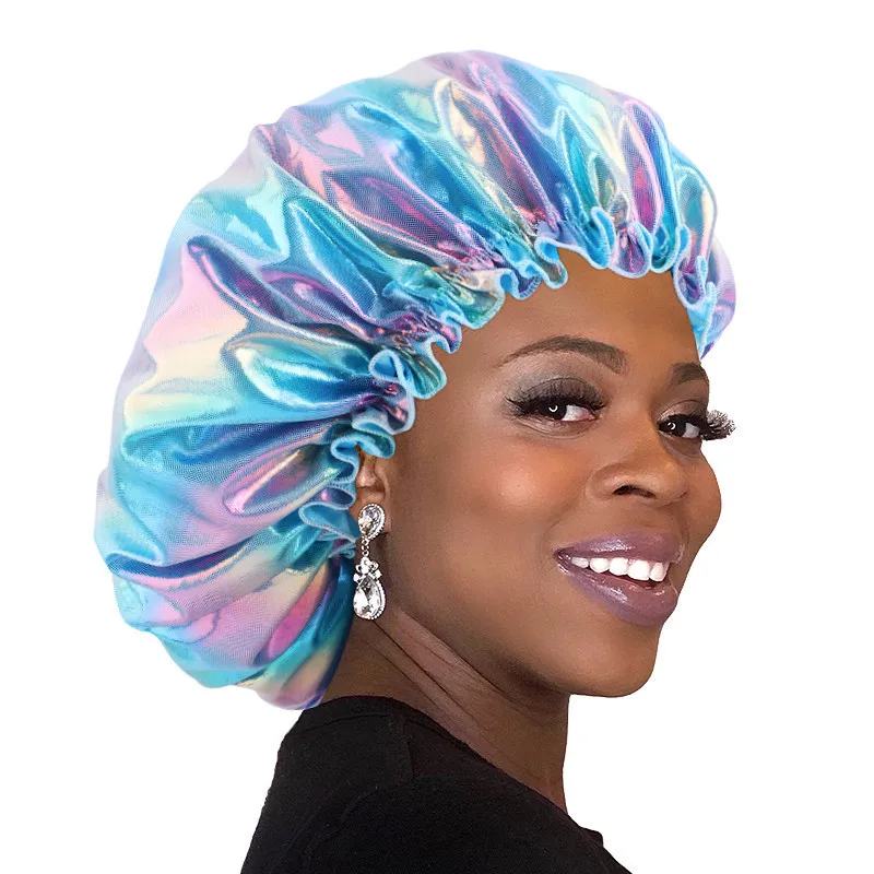 

Satin Bonnet Hair Styling Cap Adjust Colorful Long Hair Care Lady Night Sleep Hat Women Laser Silk Head Wrap Nightcap Accessory