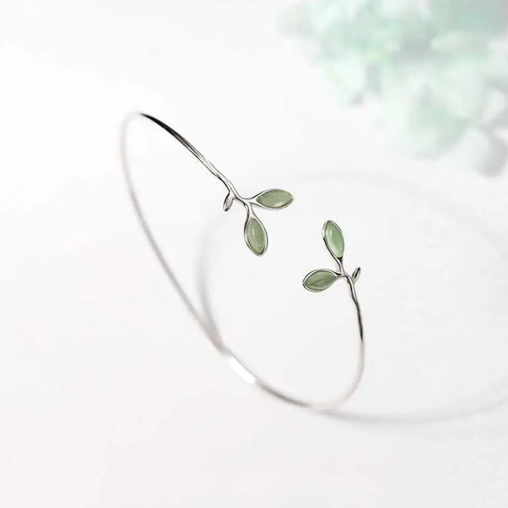 

Korean Style Delicate Green Leaf Cuff Bracelet Girls Jewelry Gift Open Bangle Bracelet Women Bracelet Adjustable Bangle