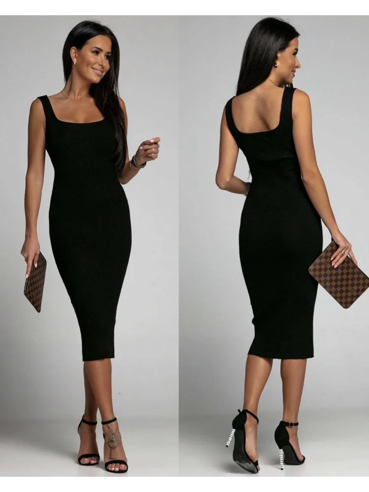 New Summer Fashion Women's U-Neck Sleeveless Knitwear Dress Solid Color Simple Backless Elegant Slim Hip Wrap Casual Dress