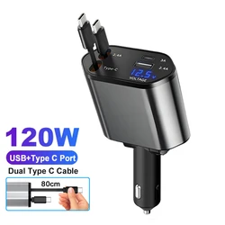 Versatile Car Phone Charger with Retractable Cords and Volt Display (Dual Type C Cable)