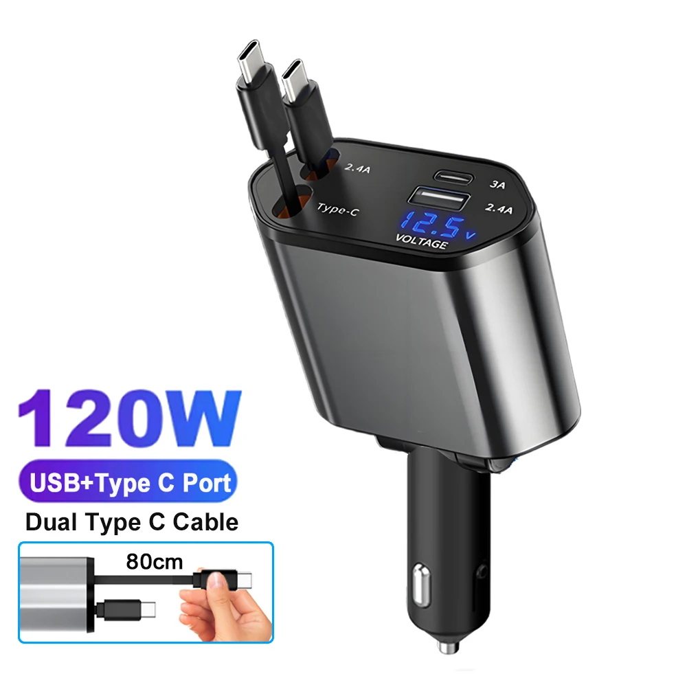 4 IN 1 차량용 전화 충전기 120W 유형 C 66W+2.4A iPhone Huawei Samsung용 볼트 디스플레이가 있는 접이식 코드가 있는 충전 케이블