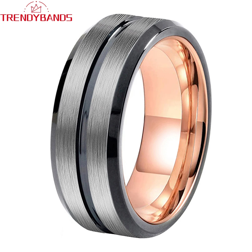 8mm Black Tungsten Wedding Ring Center Grooved for Men Women Two Tone Fashion Jewelry Brushed Finish Comfort Fit