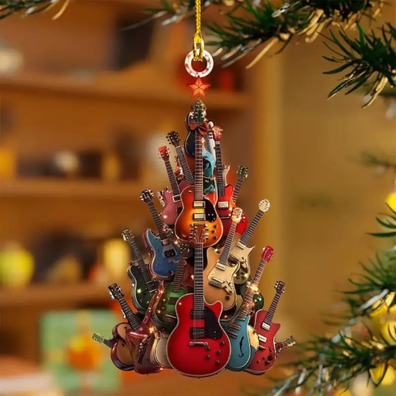 Rock Guitar Christmas Tree Shaped Decor Pendant 2D Flat Acrylic Guitar Xmas Tree Bag Car Pendant For Lovers