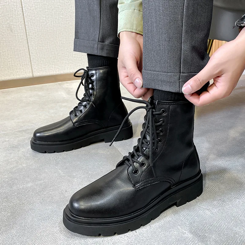 

Мужские модные мотоциклетные ботинки в британском стиле, ботинки из натуральной кожи на шнуровке, ковбойские ботинки на платформе, высокие мужские ботинки на весну-осень