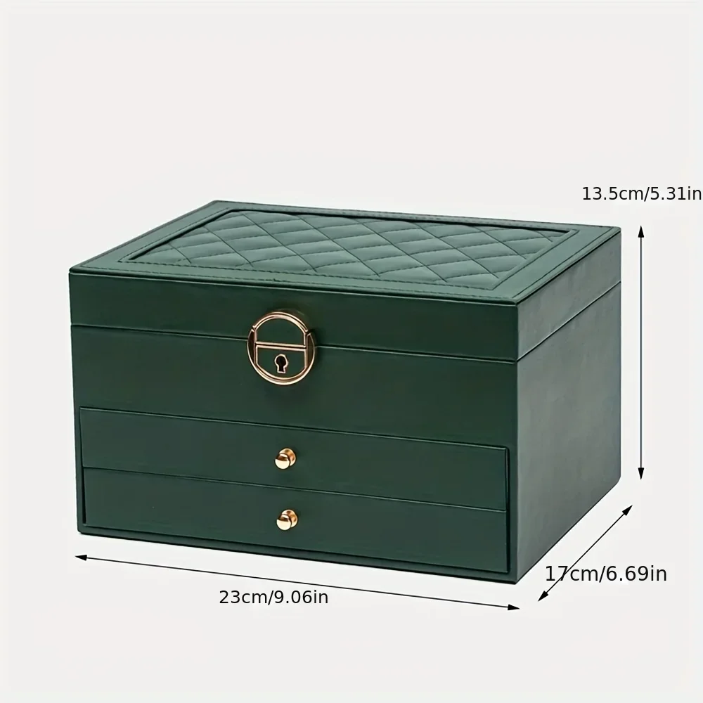 1pc Multi Functional Three Layer Leather Drawer Style Jewelry Box Earrings Earrings Lock Jewelry Box