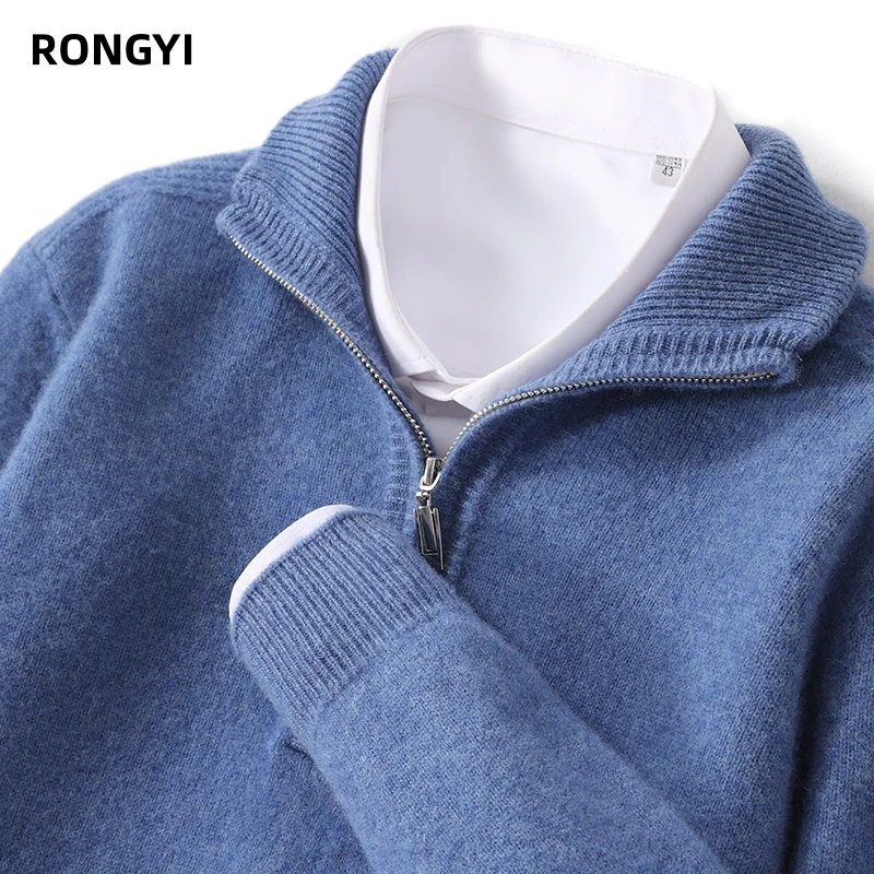 RONGYI  Autumn And Winter 100% Merino Wool Men's Pullover Sweater Turndown Collar Zipper Solid Color Knitted Padded Coat Jacket 4