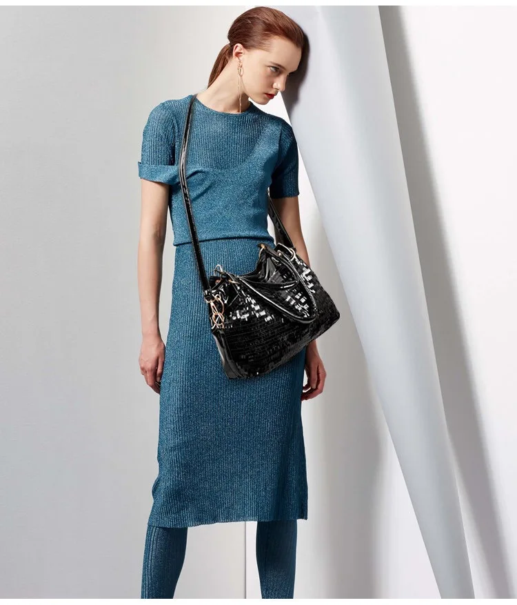 Luxury Bag Women's Brand Shoulder Bag Lacquer Leather Sequin Chain Large Capacity Handbag High Texture Leisure Fashion Tote Bag
